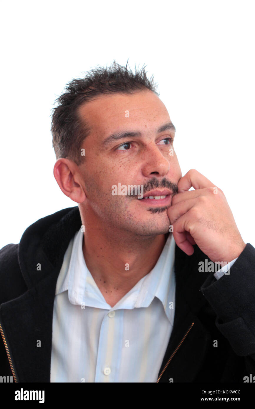 Portrait of an adult man with mustaches on white background.movember concept Stock Photo