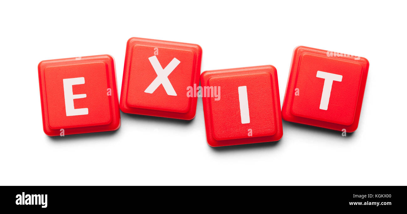 Exit Spelled with Wood Tiles Isolated on a White Background. Stock Photo