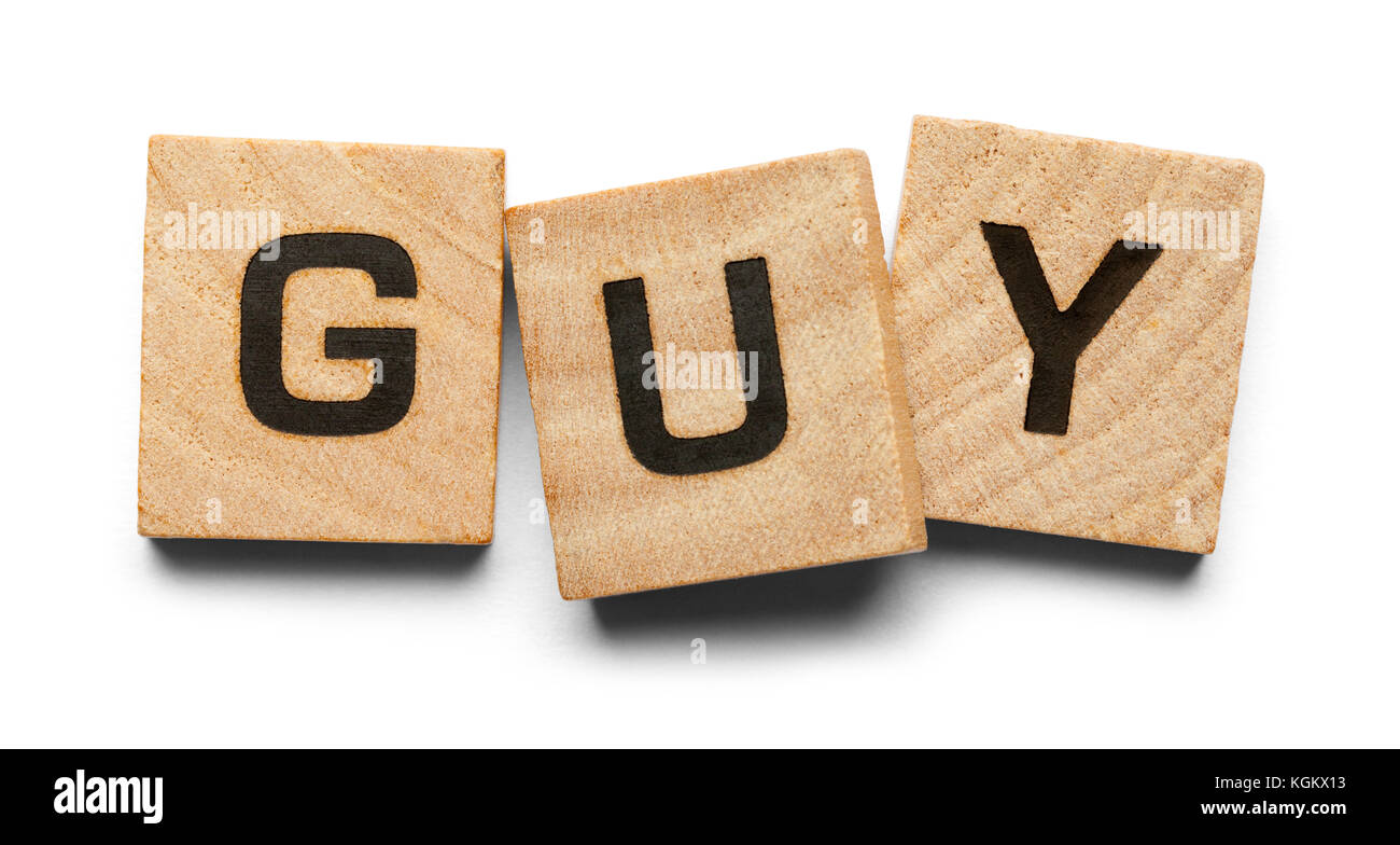Guy Spelled with Wood Tiles Isolated on a White Background. Stock Photo