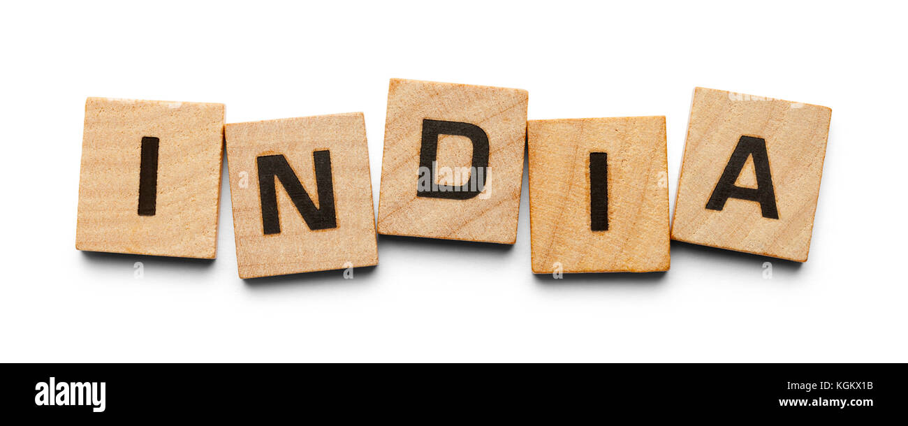 India Spelled with Wood Tiles Isolated on a White Background. Stock Photo