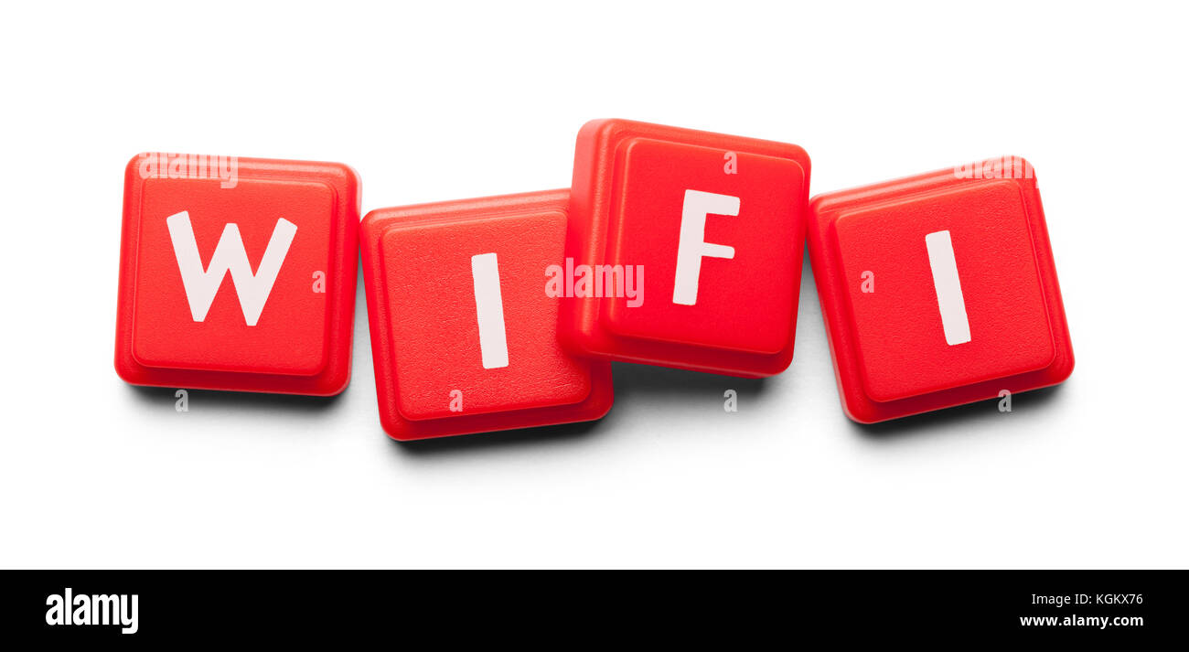 Wifi Spelled with Wood Tiles Isolated on a White Background. Stock Photo