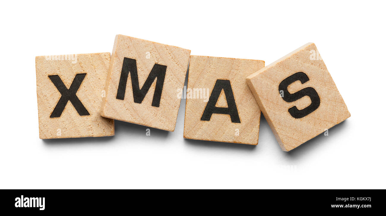 Xmas Spelled with Wood Tiles Isolated on a White Background. Stock Photo