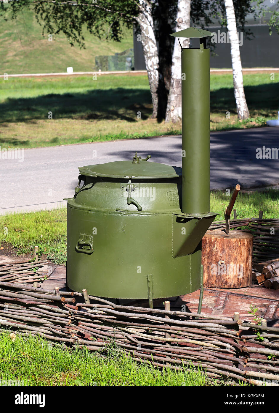 Army portable boiler with built-in oven to cook in the field conditions Stock Photo