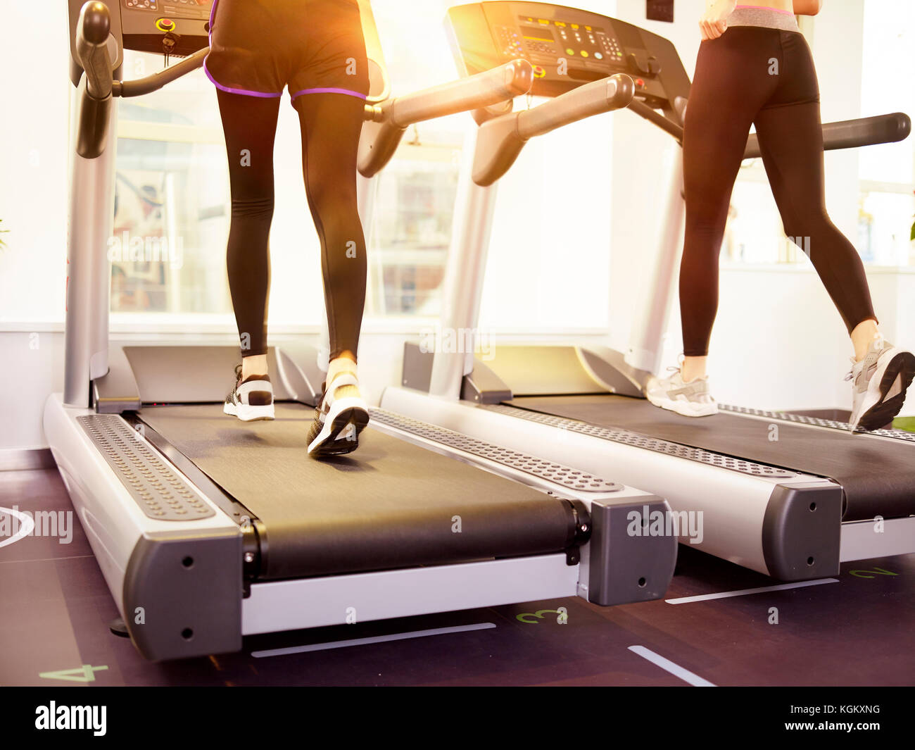 two young women running on treadmill in gym. Stock Photo