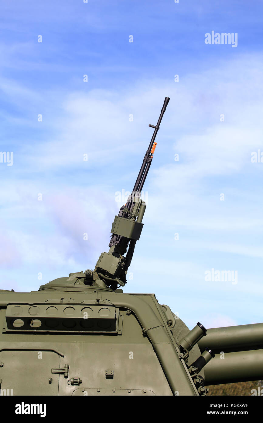 Rotating towerof the self-propelled gun consisting  service of  Russian army with   152 mm self-propelled howitzer,  and 12,7 millimeter anti-aircraft Stock Photo