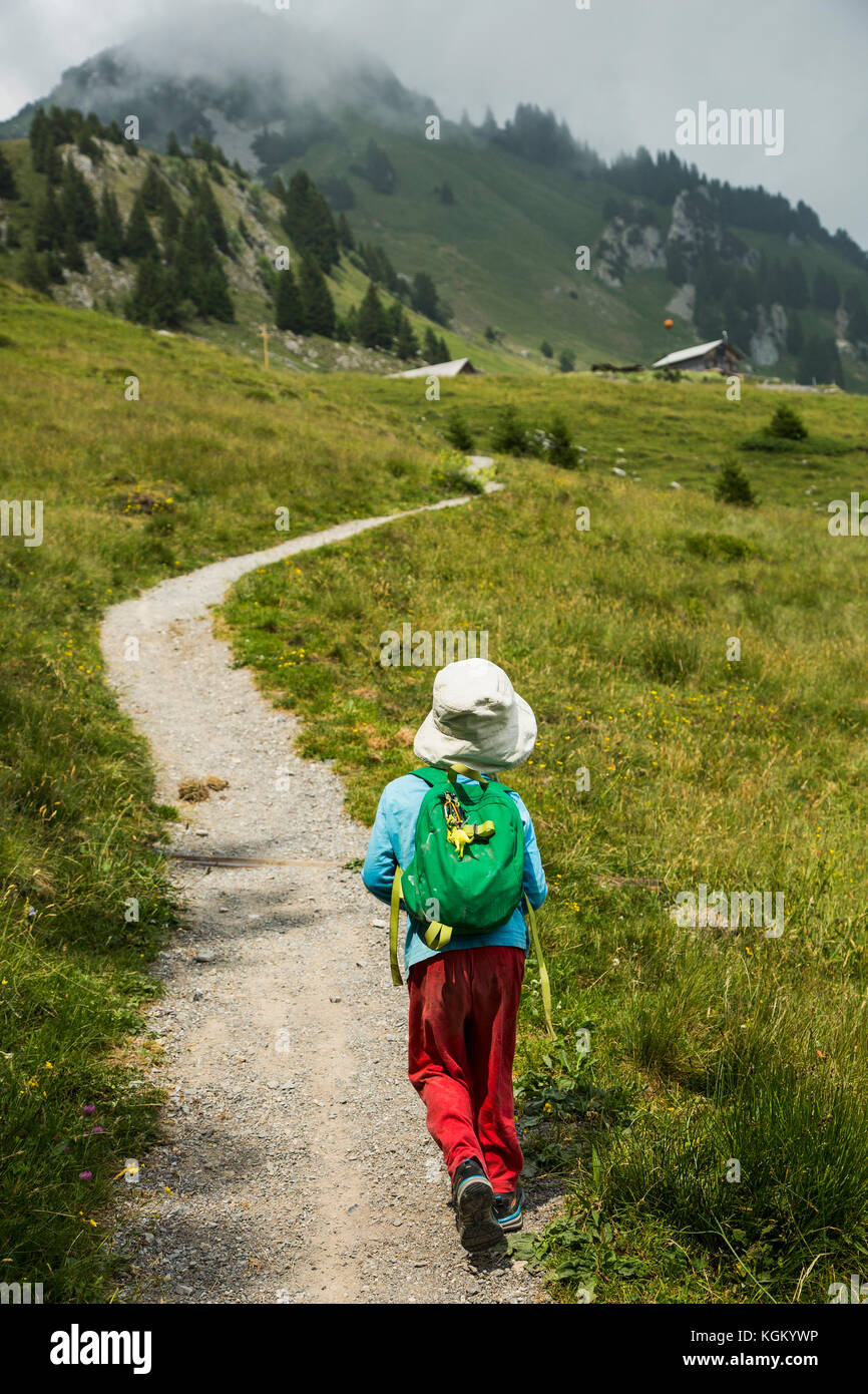Rear view of boy walking on mountain trail, Wildberg, Switzerland Stock Photo