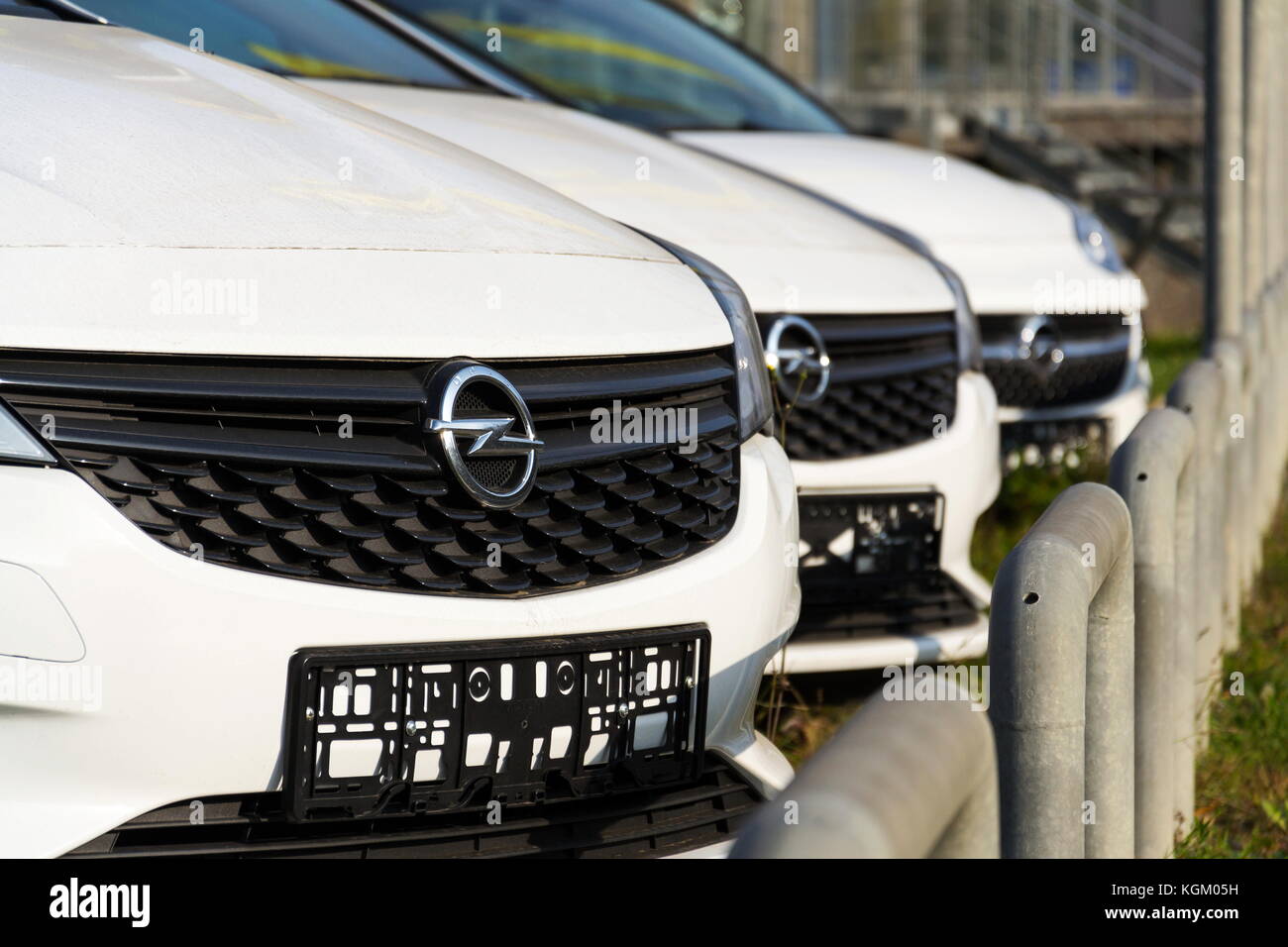 PRAGUE, CZECH REPUBLIC - NOVEMBER 5: Opel cars in front of dealership building on November 5, 2017 in Prague. PSA Group plans to cut the number of mod Stock Photo