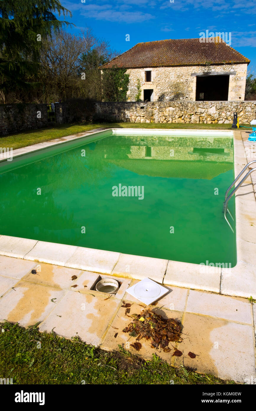 Starting the spring clean up of dead leaves and green algae in a swimming pool neglected over the winter Stock Photo