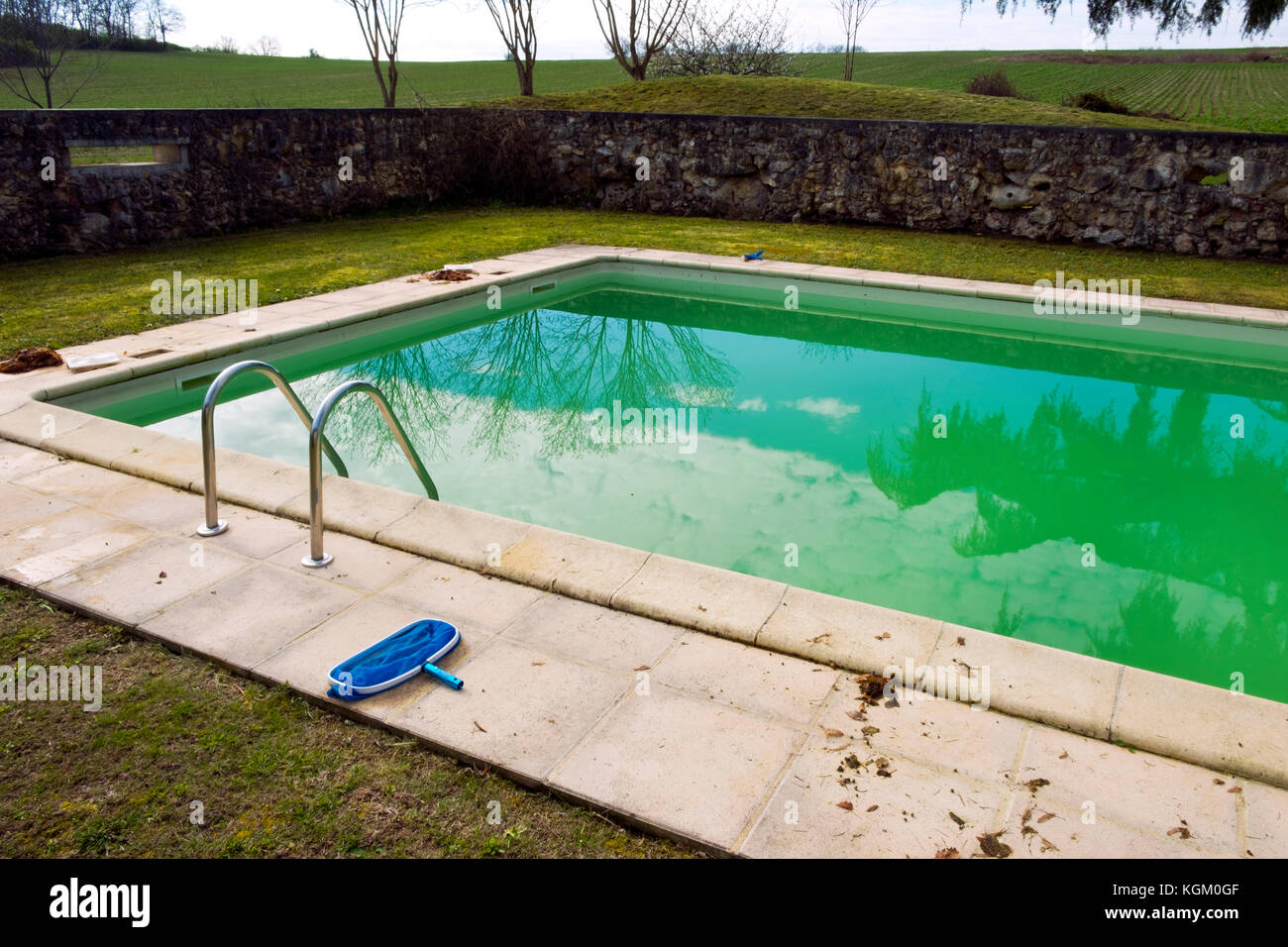 Starting the spring clean up of dead leaves and green algae in a swimming pool neglected over the winter Stock Photo