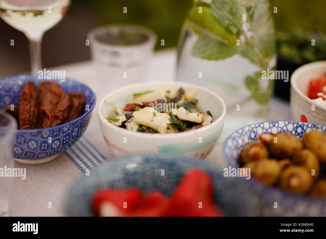 Close-up of food served on table at patio Stock Photo