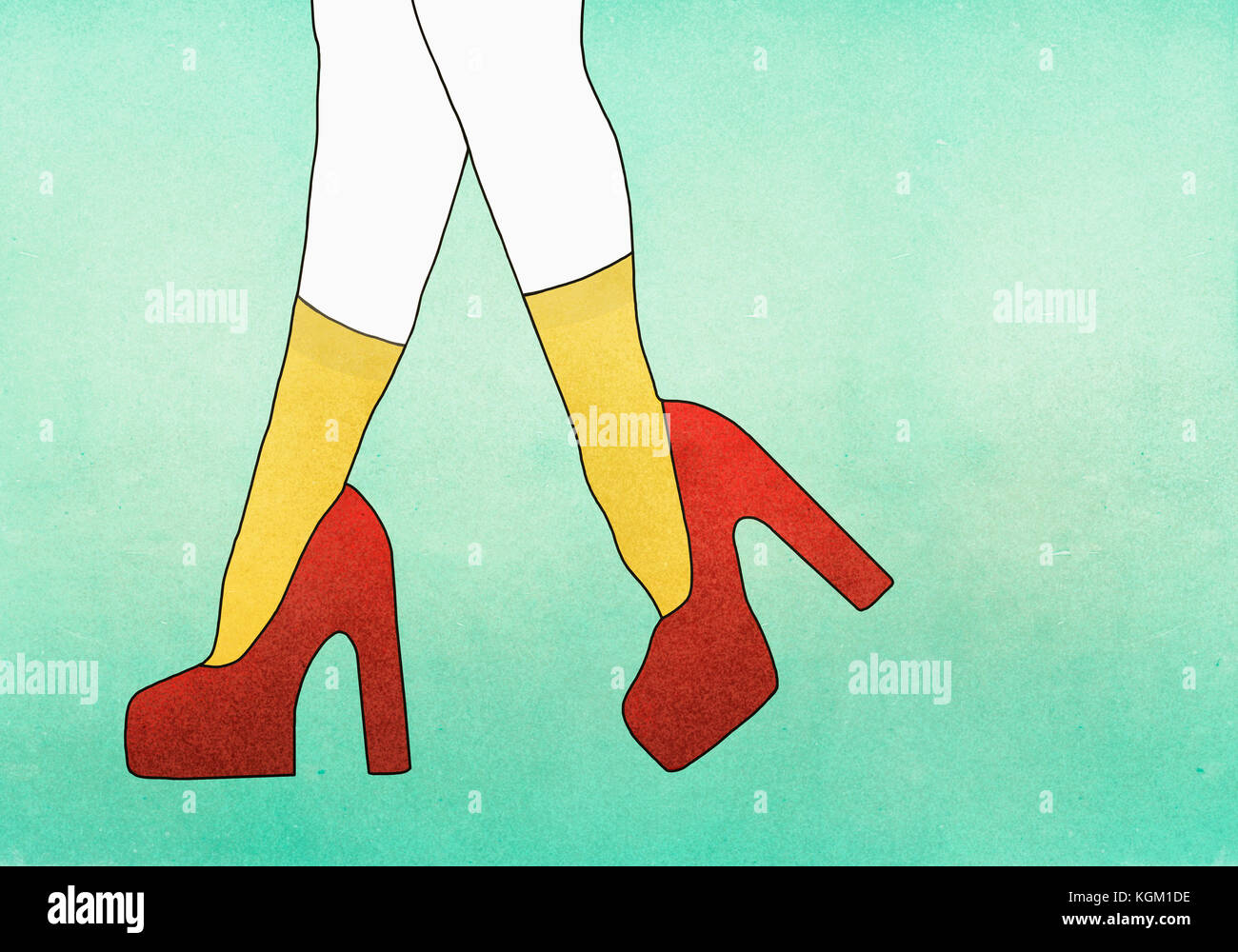 Illustrative image of woman wearing red high heels against green