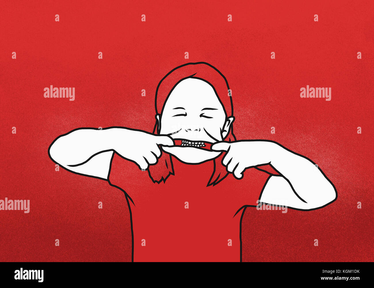 Illustration of girl pulling mouth with fingers against red background