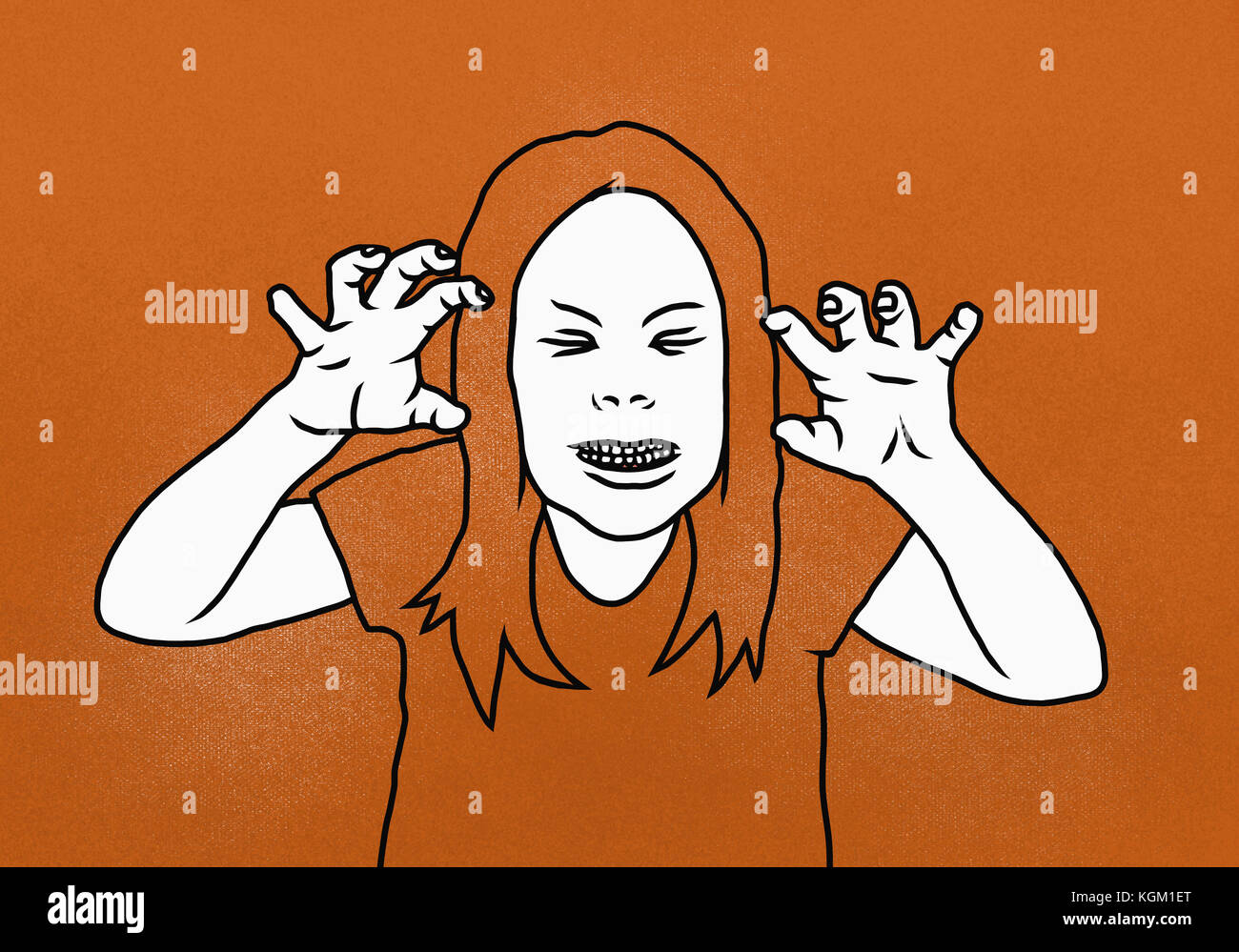 Illustration of woman clenching teeth while gesturing against orange background Stock Photo