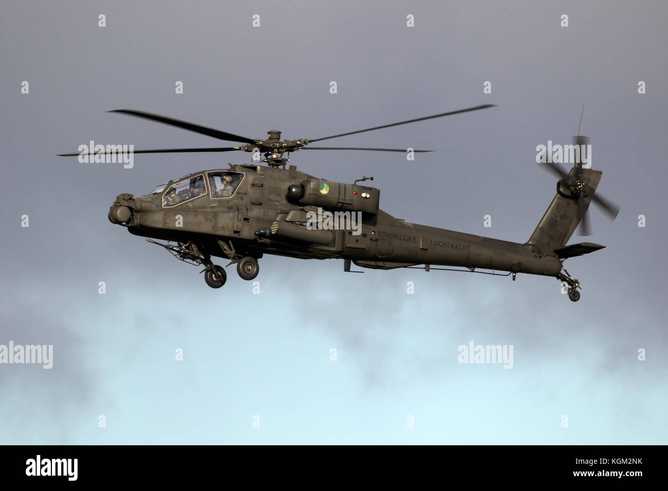 EINDHOVEN, THE NETHERLANDS - OCT 27, 2017: Royal Netherlands Air Force Boeing AH-64D Apache attack helicopter in flight. Stock Photo