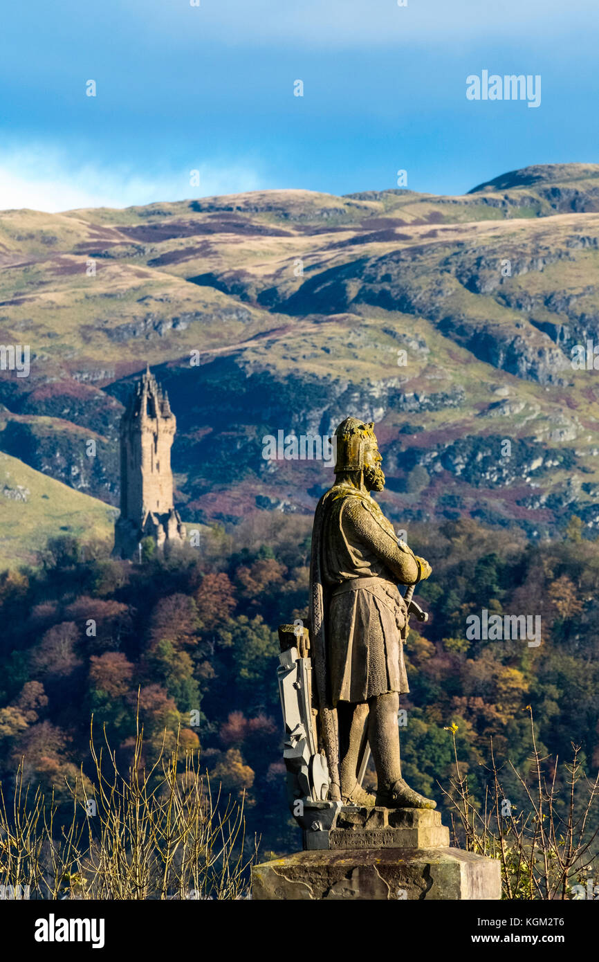 Statue of Robert the Bruce at Stirling Castle and Wallace Monument in distance  , Stirlingshire, Scotland, United Kingdom. Stock Photo