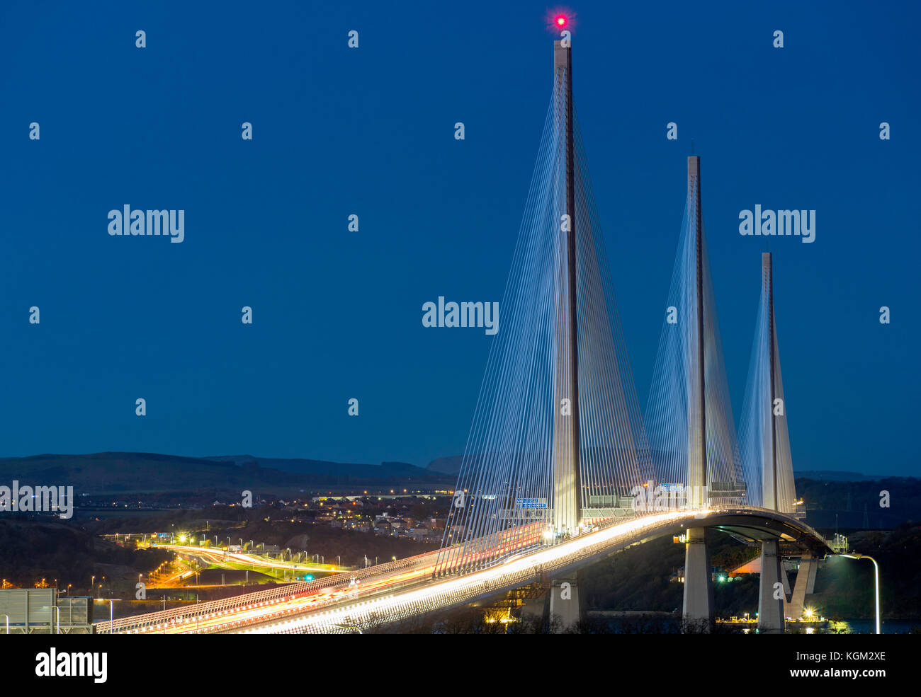 View of new Queensferry Crossing bridge at night spanning the Firth of Forth between West Lothian and Fife in Scotland, United Kingdom. Stock Photo