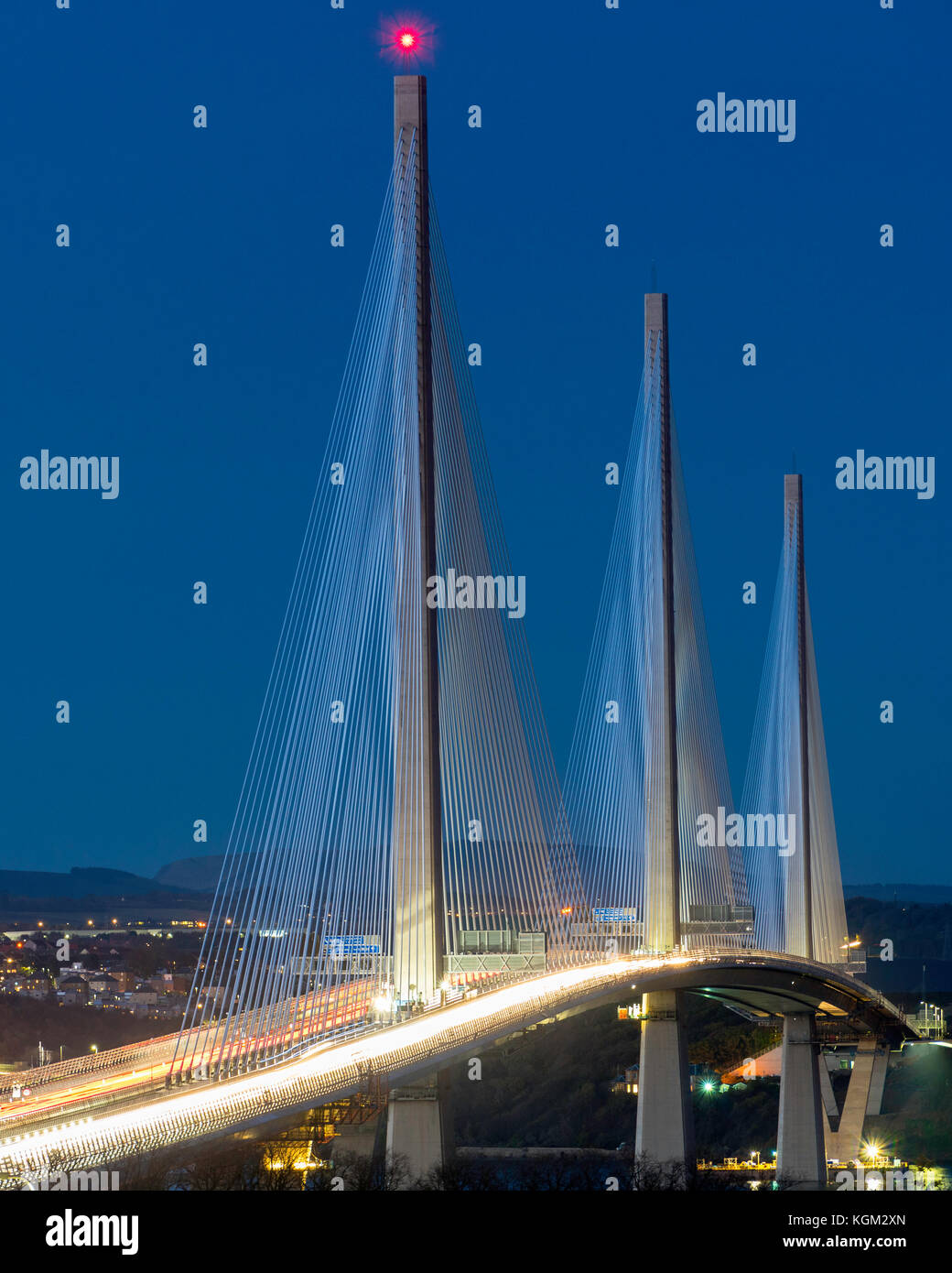View of new Queensferry Crossing bridge at night spanning the Firth of Forth between West Lothian and Fife in Scotland, United Kingdom. Stock Photo