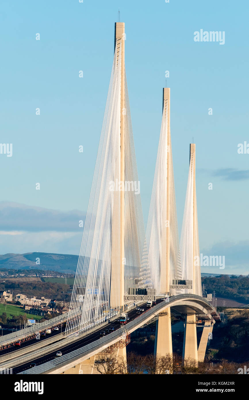 View of new Queensferry Crossing bridge spanning the Firth of Forth between West Lothian and Fife in Scotland, United Kingdom. Stock Photo