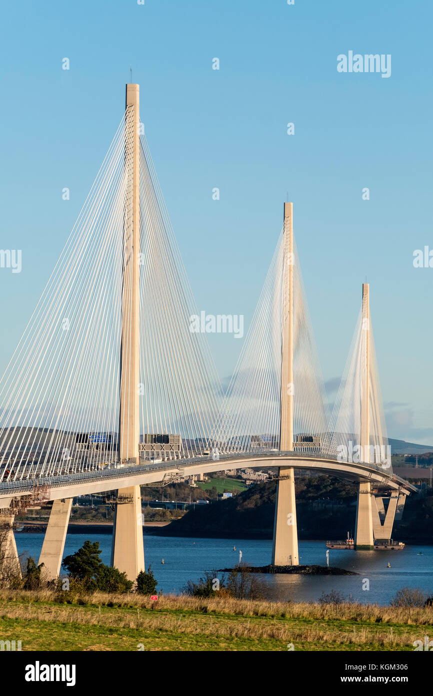 View of new Queensferry Crossing bridge spanning the Firth of Forth between West Lothian and Fife in Scotland, United Kingdom. Stock Photo