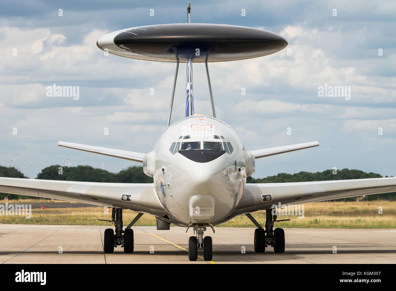 The Boeing E-3A Sentry, commonly known as AWACS, is an American airborne early warning and control aircraft developed by Boeing. Stock Photo