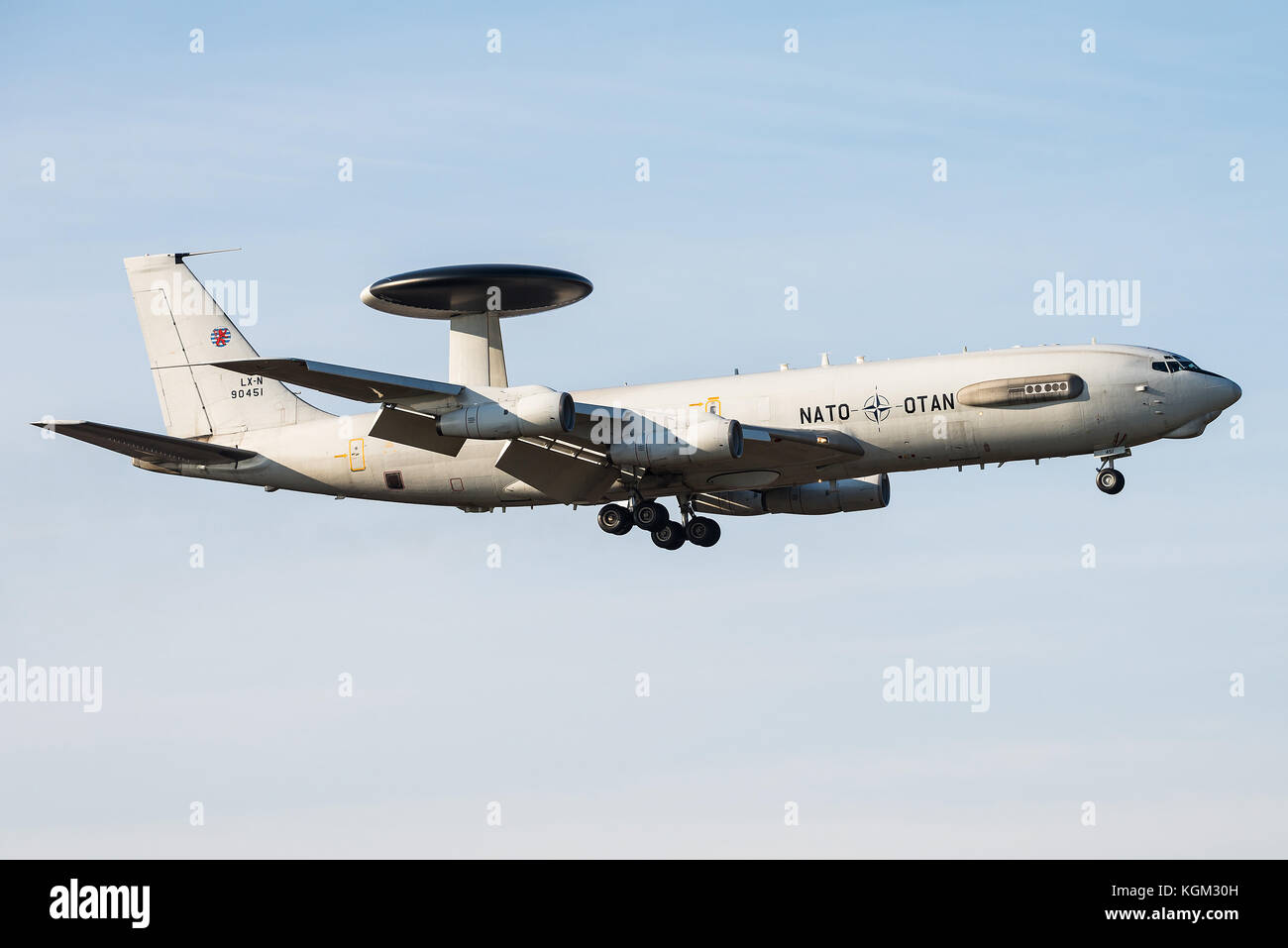 The Boeing E-3A Sentry, commonly known as AWACS, is an American airborne early warning and control aircraft developed by Boeing. Stock Photo