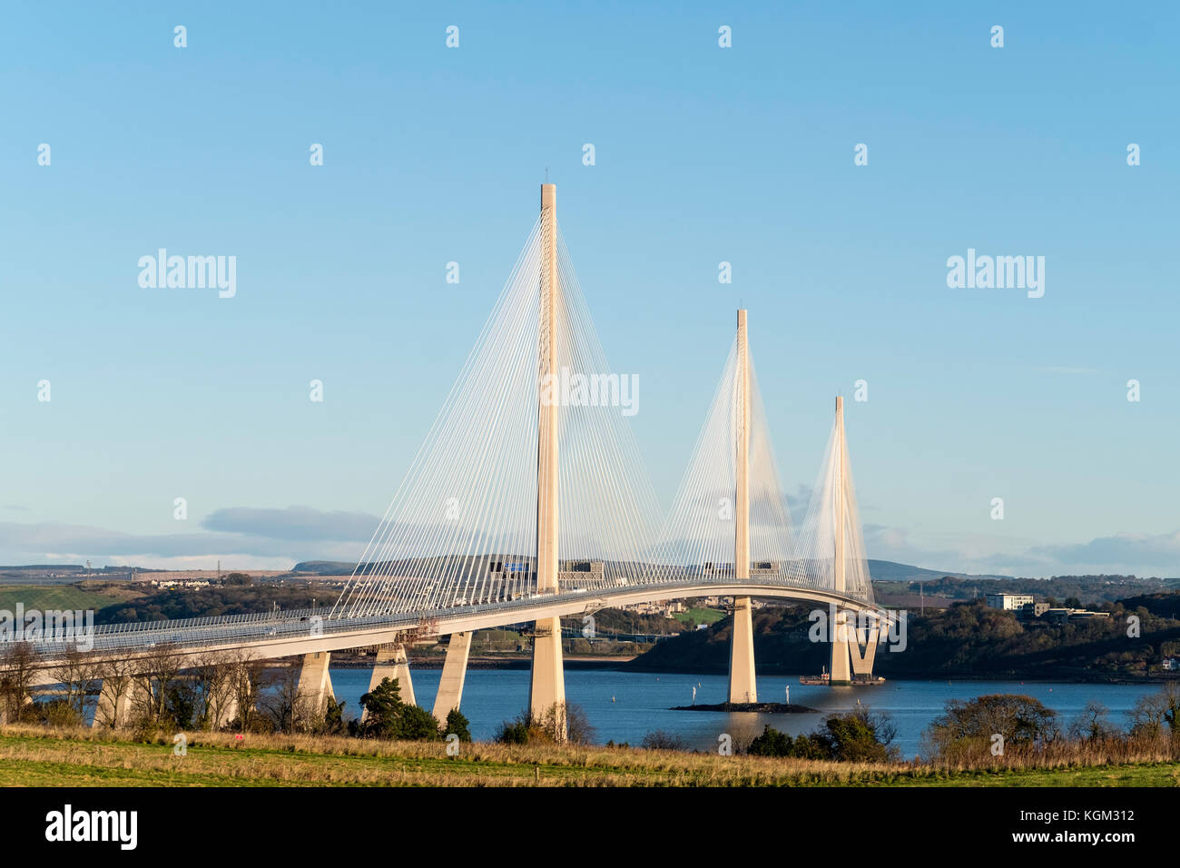 View of new Queensferry Crossing bridge spanning the Firth of Forth between West Lothian and Fife in Scotland, United Kingdom. Stock Photo