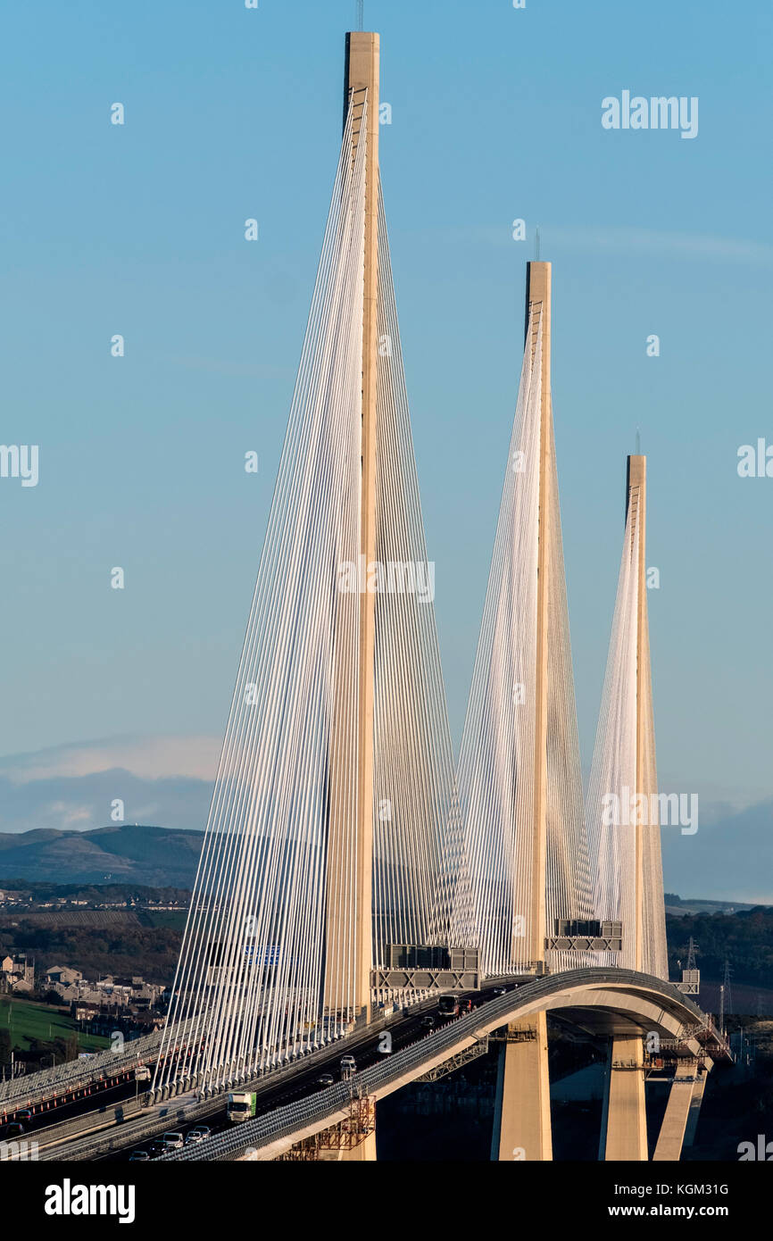 View of new Queensferry Crossing bridge spanning the Firth of Forth between West Lothian and Fife in Scotland, United Kingdom. Stock Photo