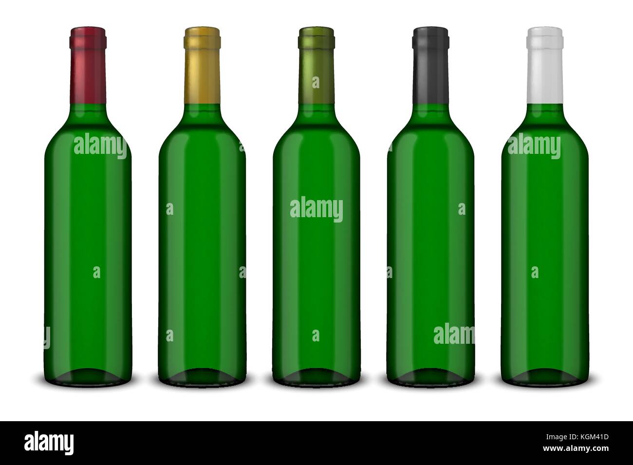 Set 5 realistic vector green bottles of wine without labels isolated on