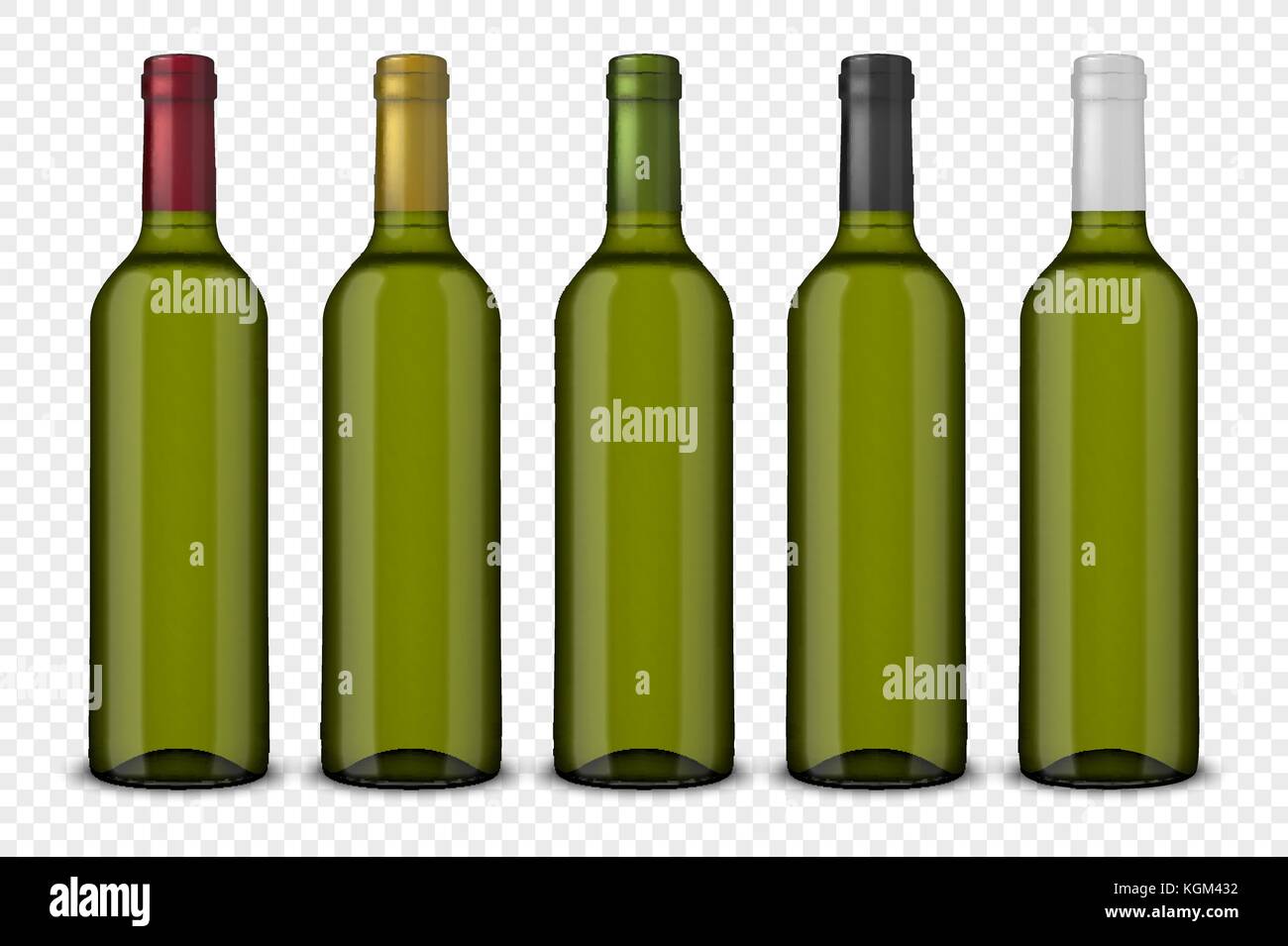 Set 5 realistic vector green bottles of wine without labels isolated on transparent background. Design template in EPS10. Stock Vector