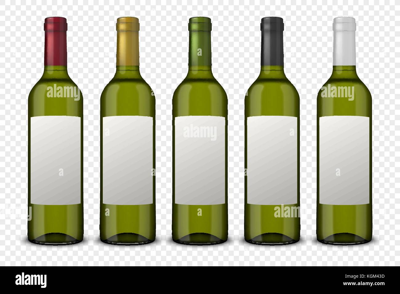 Set 5 realistic vector green bottles of wine with white labels isolated on transparent background. Design template in EPS10. Stock Vector