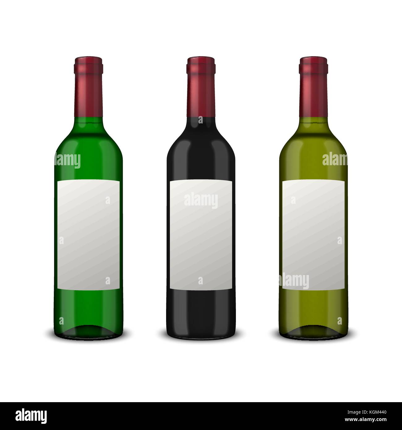 Set 3 realistic vector bottles of wine with blank labels isolated on