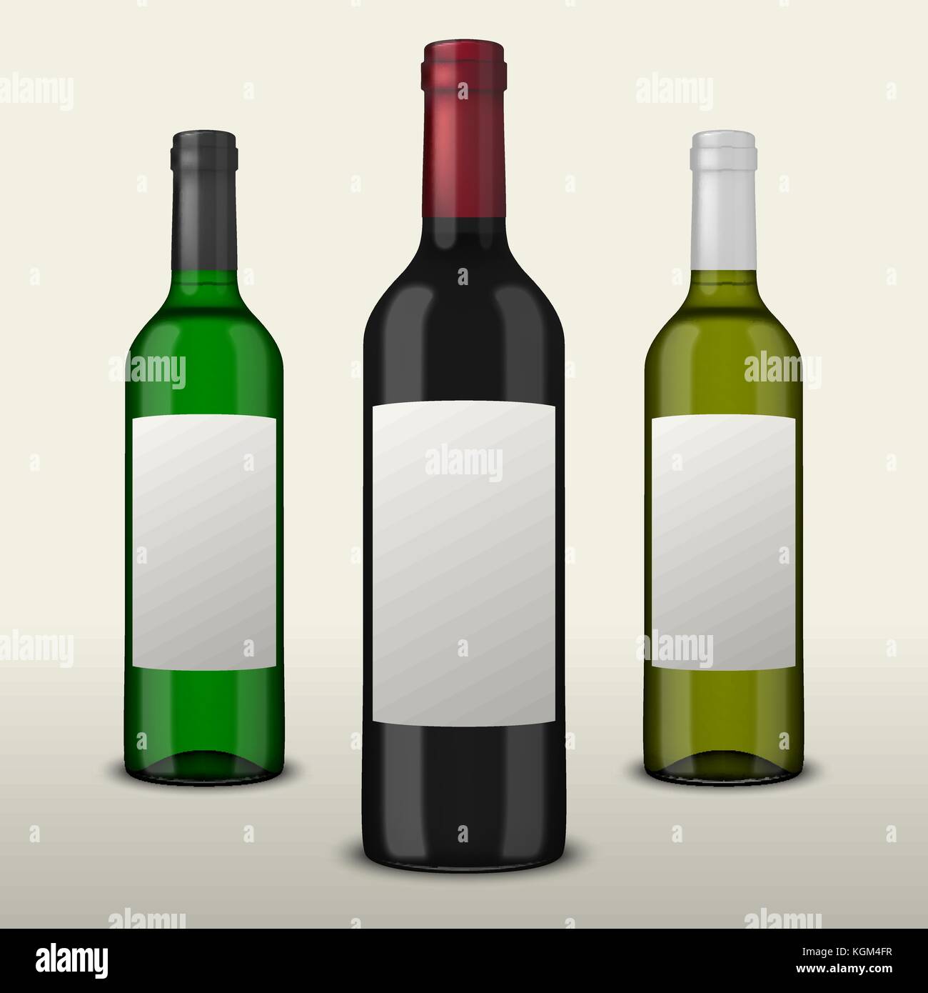 Set of three realistic vector wine bottles with blank labels isolated on white background. Design template in EPS10. Stock Vector