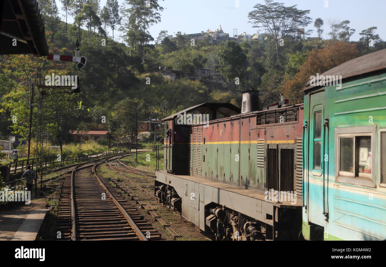 Hill Country Central Province Sri Lanka Train going through Talawakale Railway Station Stock Photo