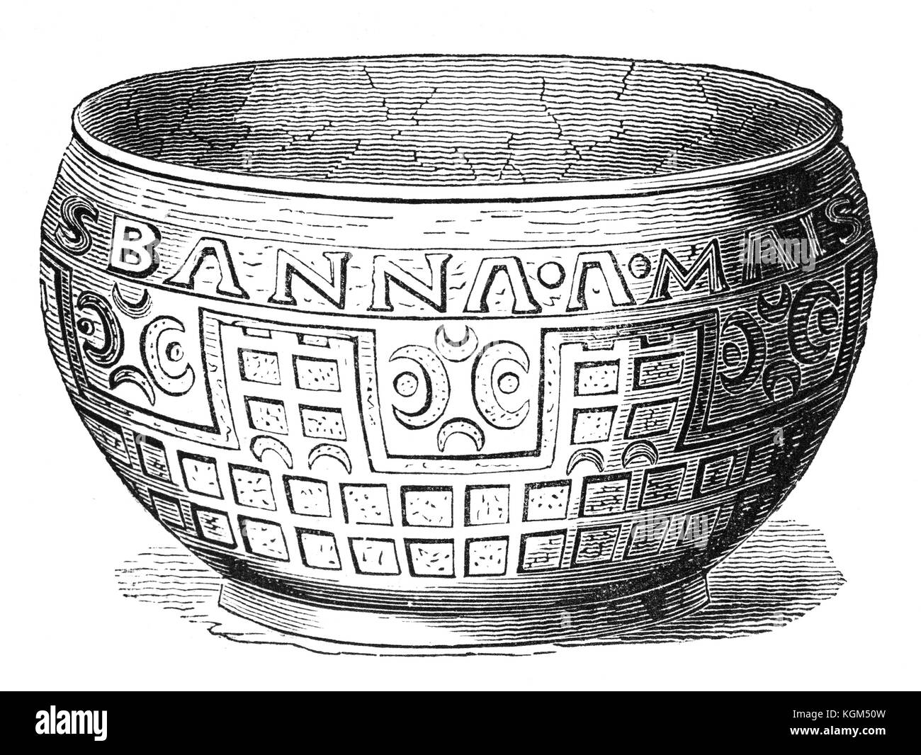 An example of 1st Century Roman-British art found on a bronze Patera or Drinking Bowl; it features the names of Roman towns in the margin. Found in Wiltshire, England Stock Photo