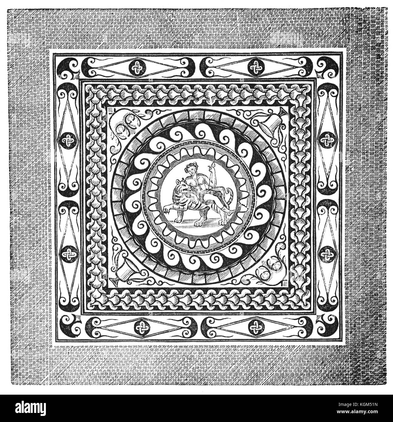 A highly decorative and ornate Roman tessellated pavement or Mosaic from the 1st Century found in Londinium at Leadenhall Street, London, England Stock Photo