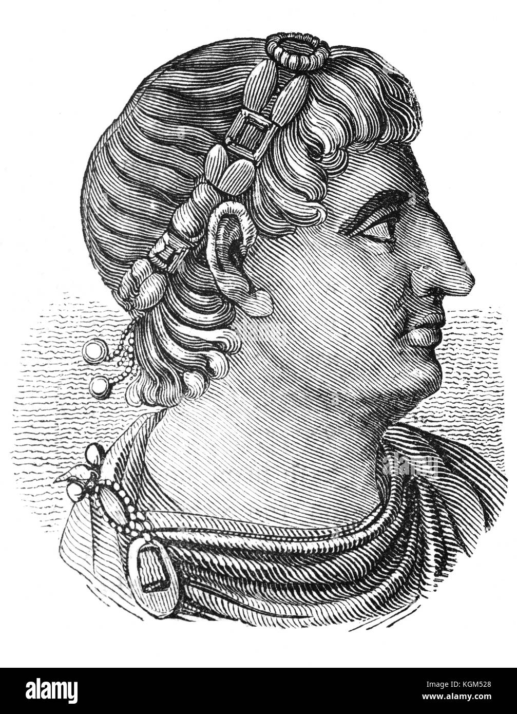 Taken from a Roman Coin, a profile of Constantine the Great (272 AD – 337 AD), also known as Constantine I and a Roman Emperor of Illyrian-Greek origin from 306 to 337 AD. In 305, he campaigned under his father in Britannia (Britain). Constantine was the first emperor to stop Christian persecutions and to legalise Christianity along with all other religions and cults in the Roman Empire. Stock Photo