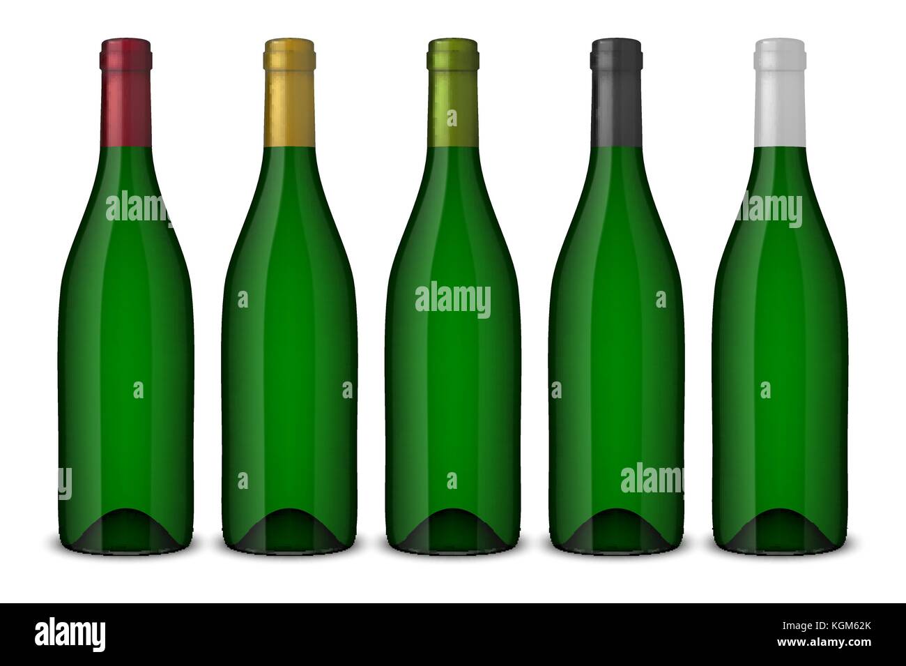 Set 5 realistic vector green bottles of wine without labels isolated on