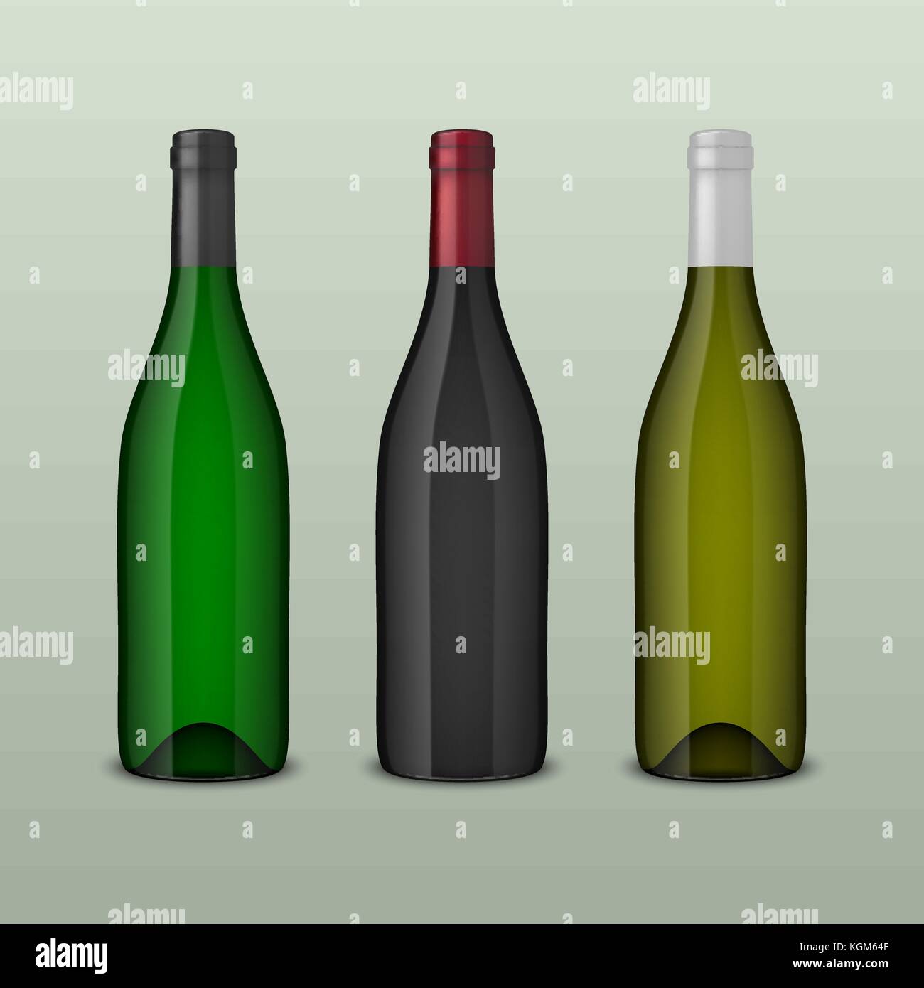 Two realistic vector wine bottles in top view without labels on gray background. Design template, mockup. EPS10 illustration. Stock Vector