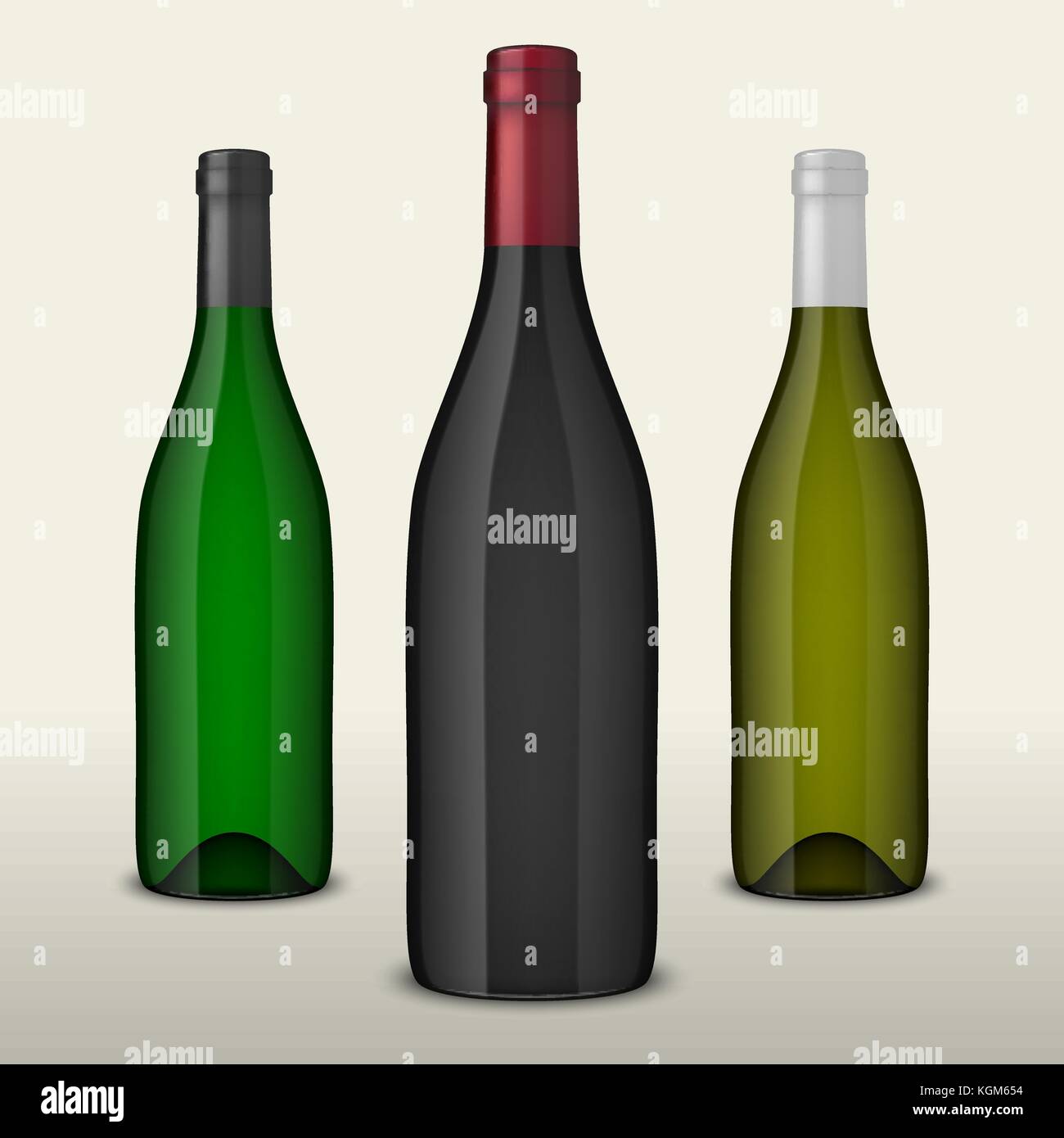 Set of three realistic vector wine bottles without labels isolated on ...