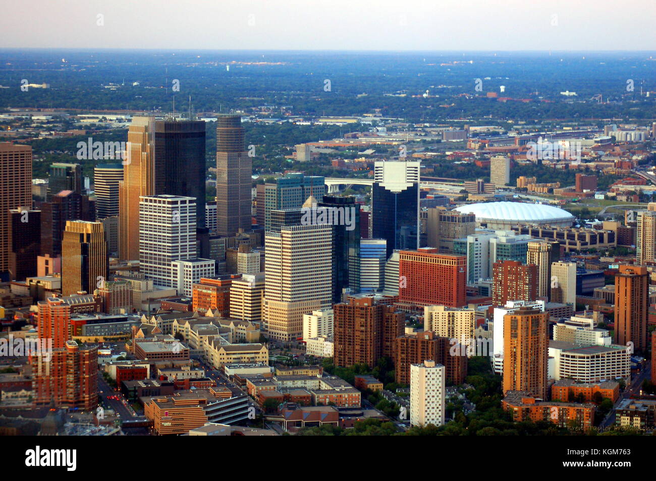 Aerial view of downtown Minneapolis, MN on a summer evening. Stock Photo