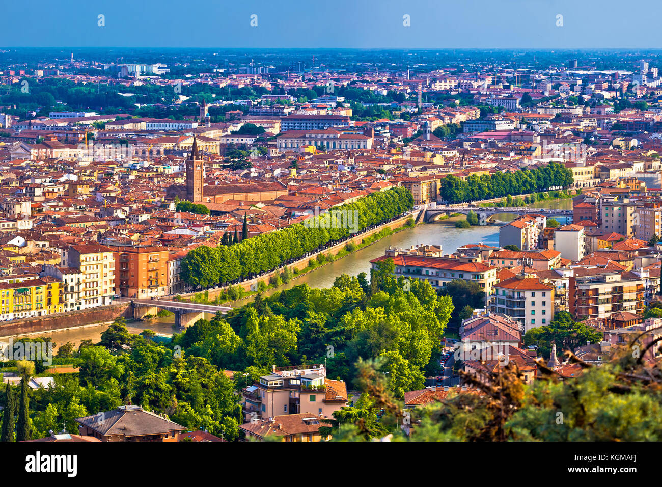 City of Verona old center and Adige river aerial panoramic view, Veneto ...