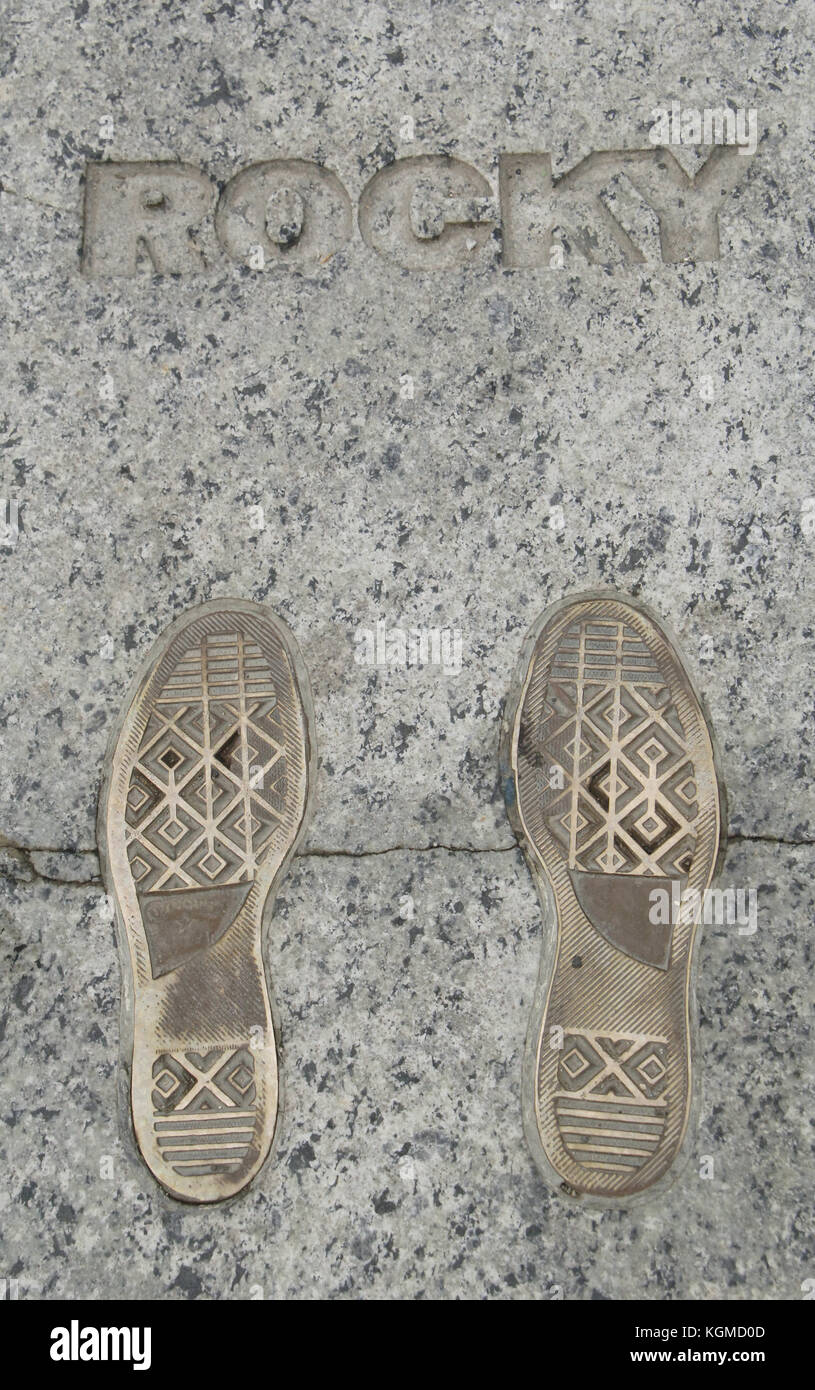 United States. Pennsylvania. Philadelphia. Rocky Steps monument. Footprint. Entrace of Philadelphia Museum of Art. Stock Photo
