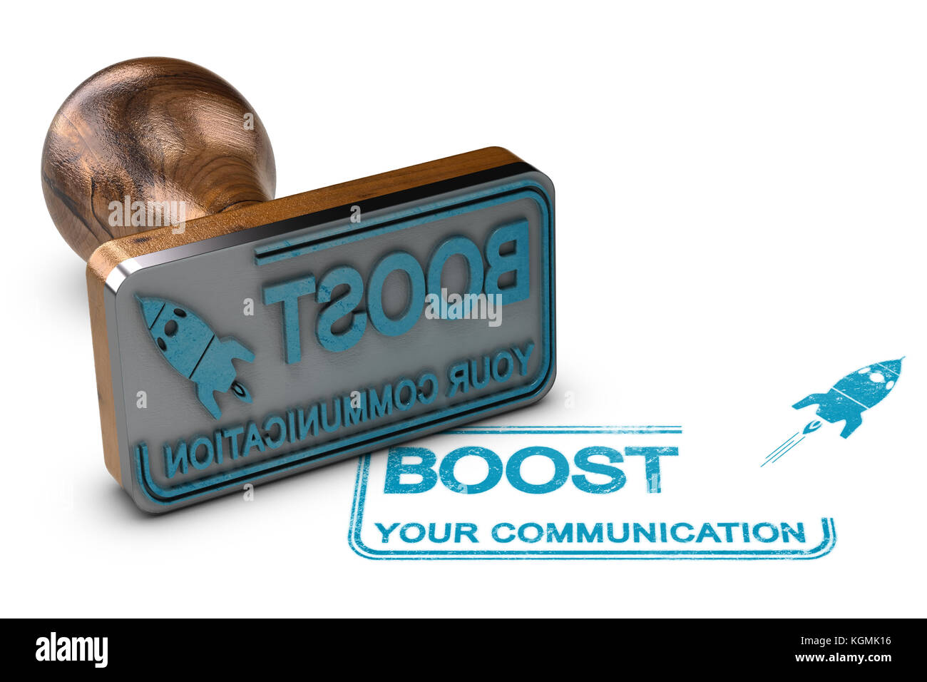 3D illustration of rubber stamp over white background with the text boost your communication. Stock Photo