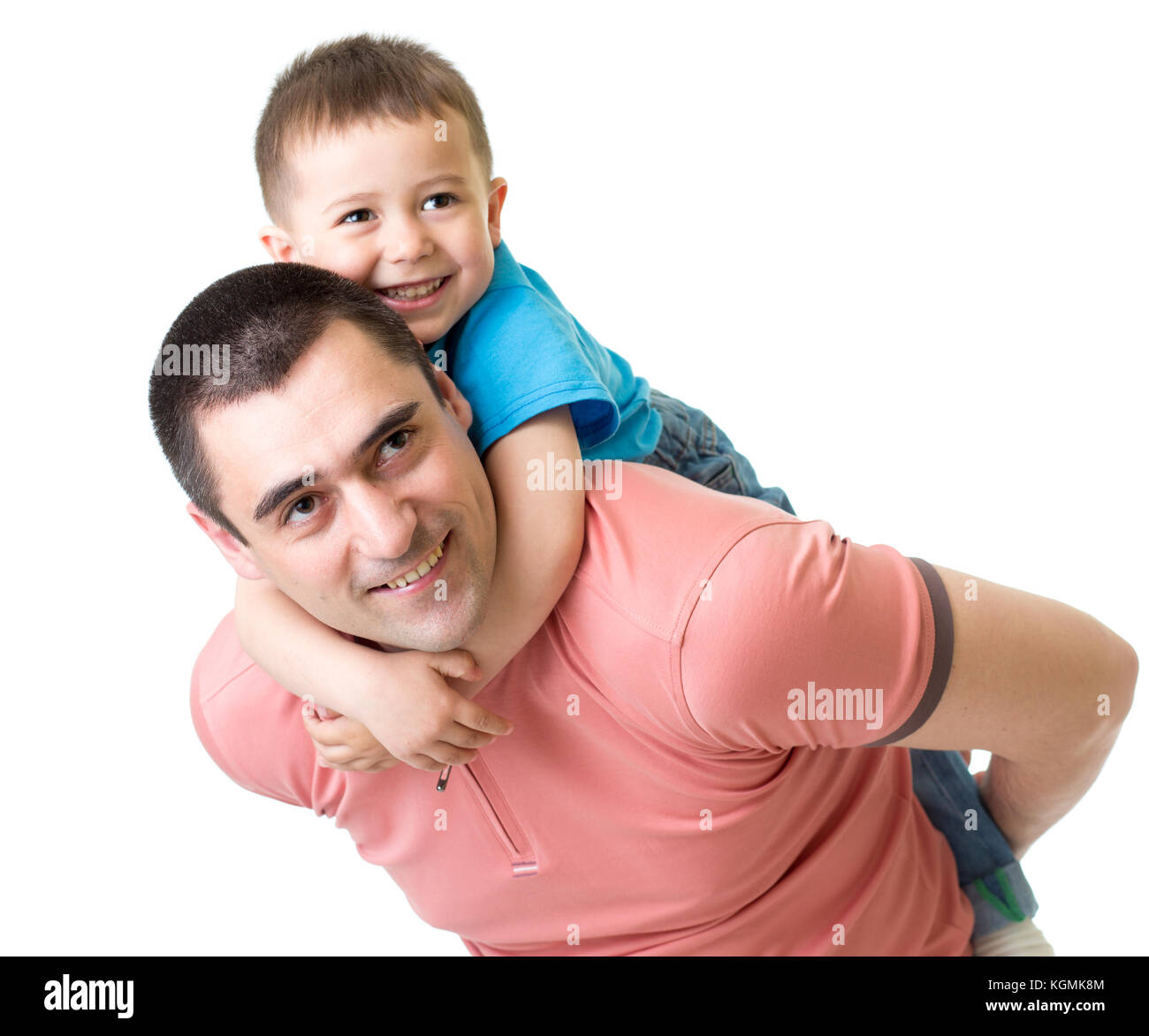 happy father holding child son on his back isolated on white Stock Photo