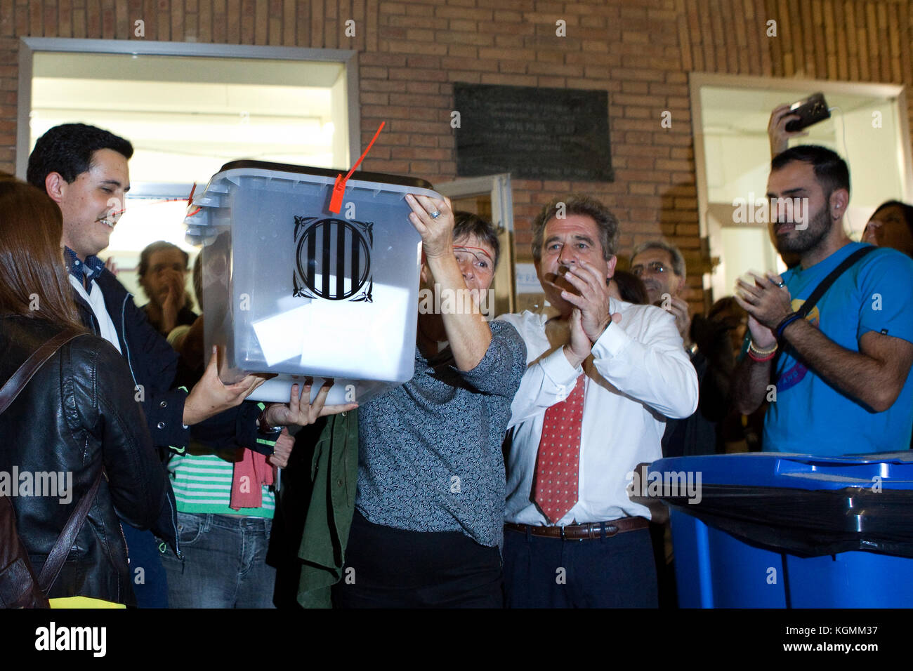 The mayor of Montblanc, Catalonia, taking out urns after independence referendum at 1.10.2017. Stock Photo