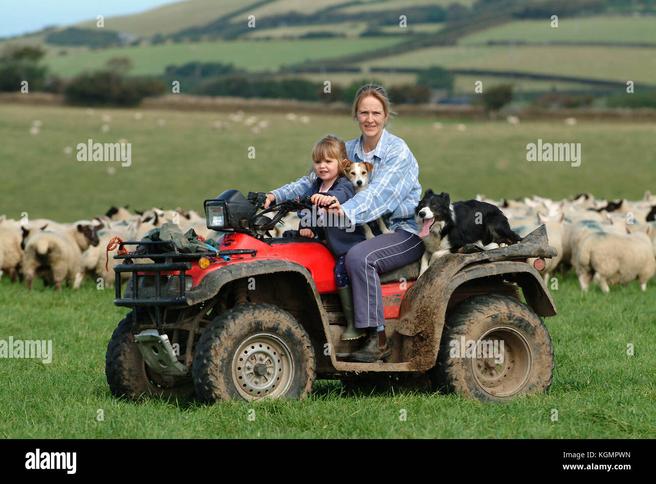 RELOCATION.  Lindsey Roberts with daughter Mary on their sheep farm in Parracombe, North Devon. Stock Photo