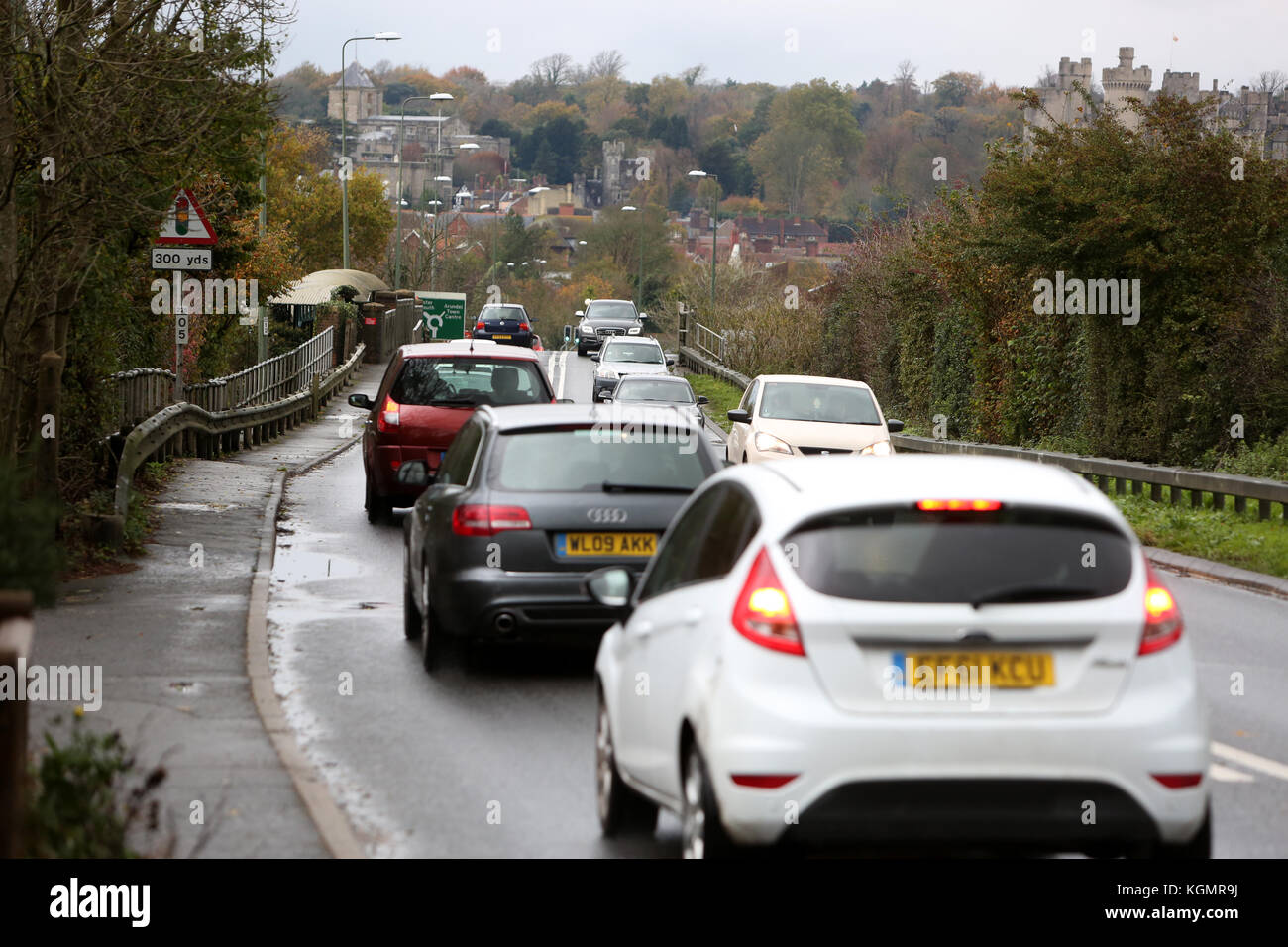 General views of traffic and plans to update the Arundel bypass, Sussex, UK. Stock Photo
