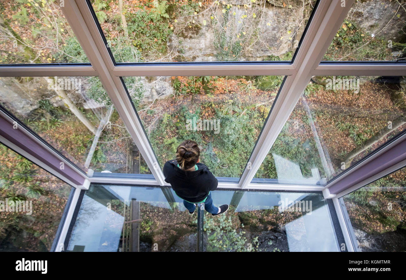 Rebecca Verity stands on the glass floor of a new cantilevered extension over one of Yorkshire's most spectacular natural sights which reaches out over How Stean Gorge, a unique limestone gorge in the Yorkshire Dales, with floor to ceiling glass walls and glass panels in the floor. Stock Photo