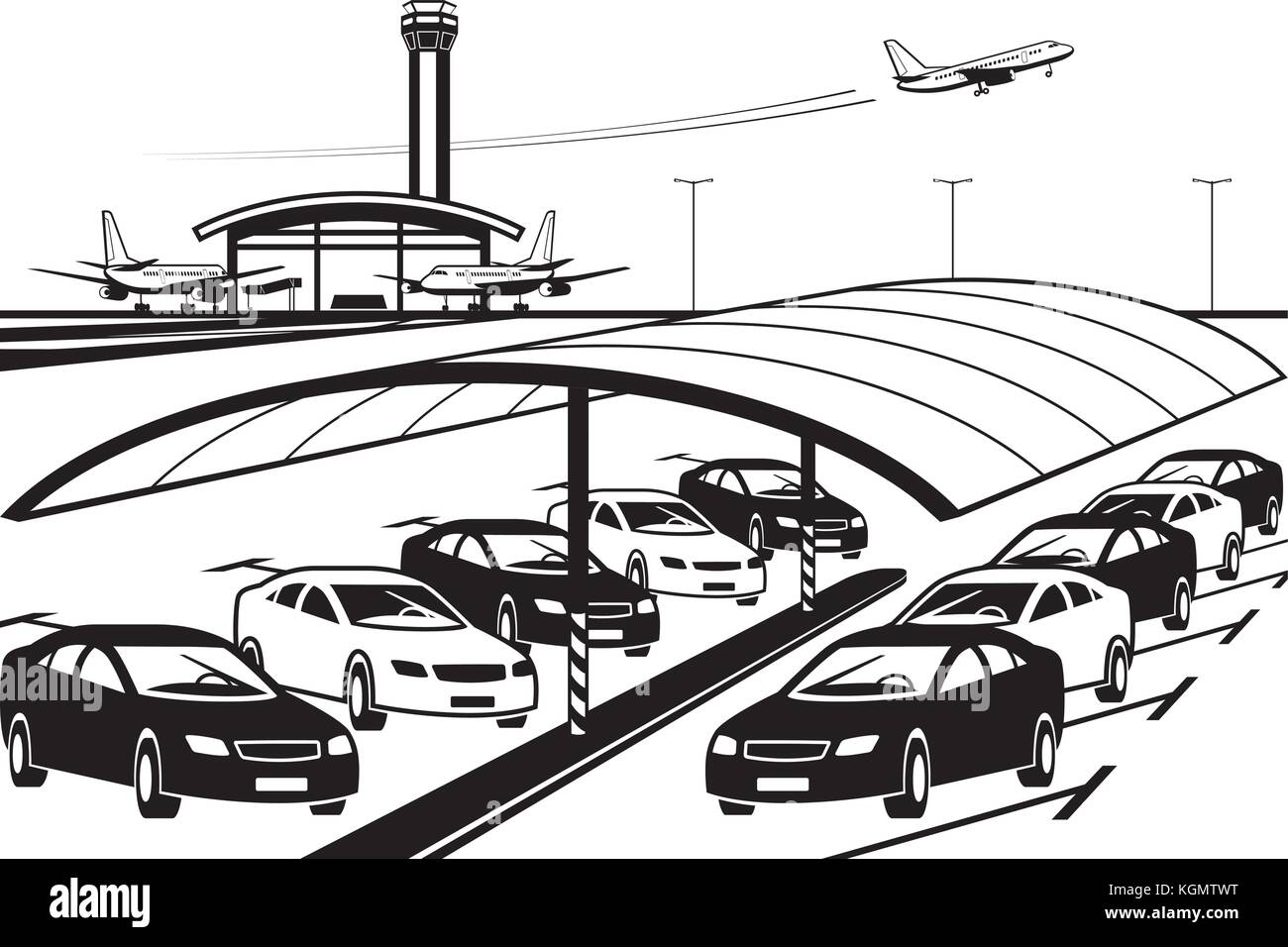 Covered parking at airport - vector illustration Stock Vector