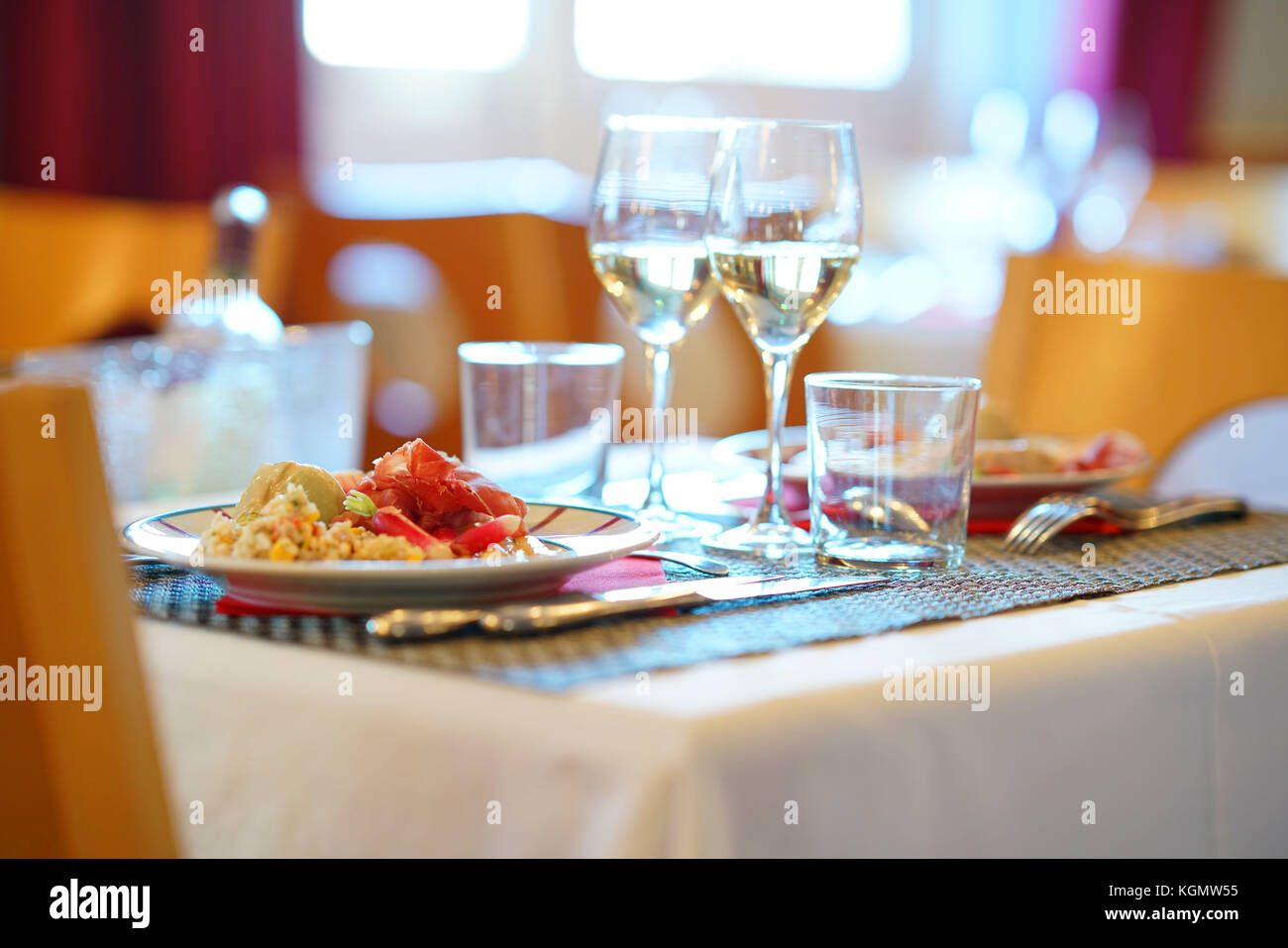 Closeup of restaurant table set for dinner Stock Photo